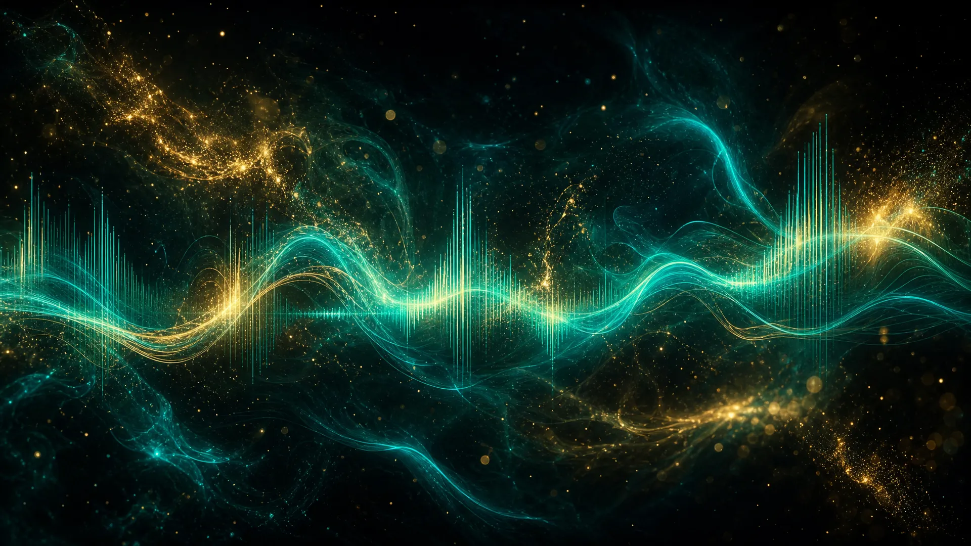 Abstract golden particles and teal light streaks background
